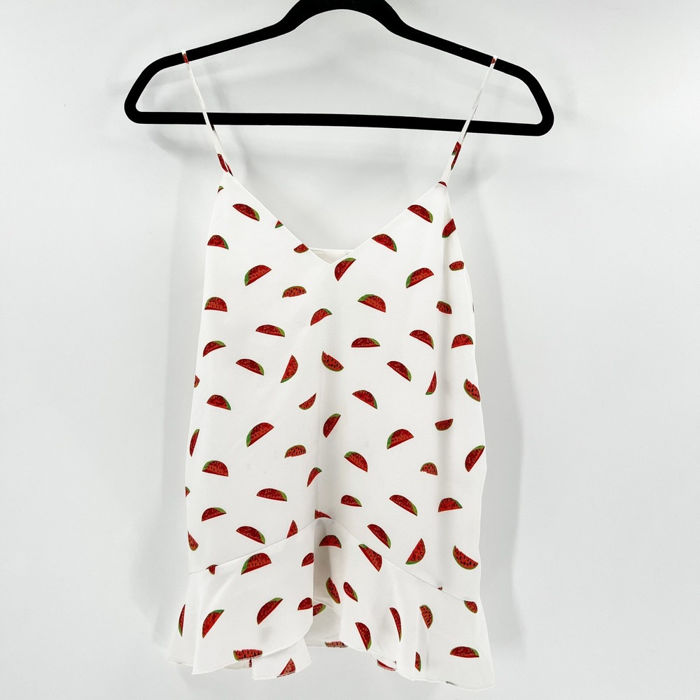 Cooper & Ella Cami Tank Top Womens S White Excellent Watermelon Print Ruffle Hem
